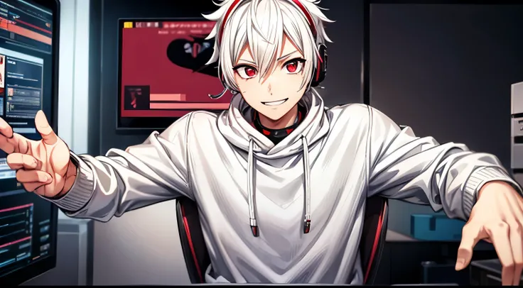 MASCULINE, Young, vtuber style, Boruto-like white hair, all white sweatshirt, gray pants, vibrant dark red eyes, solo, gaming computer, smile, headphone