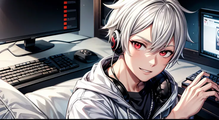 MASCULINE, Young, vtuber style, Boruto-like white hair, all white sweatshirt, gray pants, vibrant dark red eyes, solo, gaming computer, smile, headphone