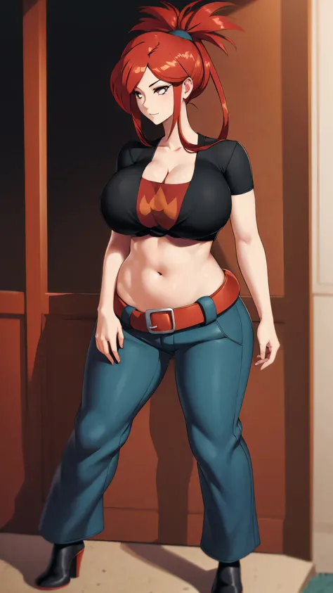 A tall beautiful sexy girl with big breasts, loose red hair, a brown eye, is wearing a black shirt with a knot tied underneath a red bra, showing her belly button, and blue pants with a red belt and brown heels. 