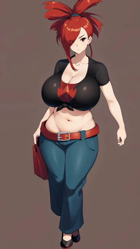 A tall beautiful sexy girl with big breasts, loose red hair, a brown eye, is wearing a black shirt with a knot tied underneath a red bra, showing her belly button, and blue pants with a red belt and brown heels. 