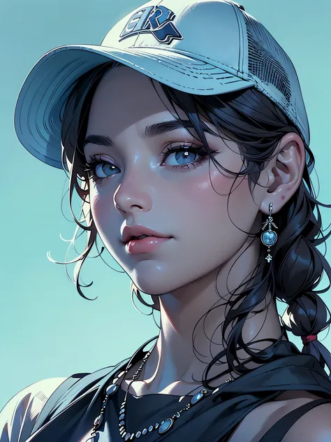 Close up Illustration portrait of a woman wearing a baseball hat, wearing a tank top with a stunning necklace, looking up and to the side, ((clean background single color)), she’s thinking intently, dark hair, beautiful face, slight smile, stunning digital...