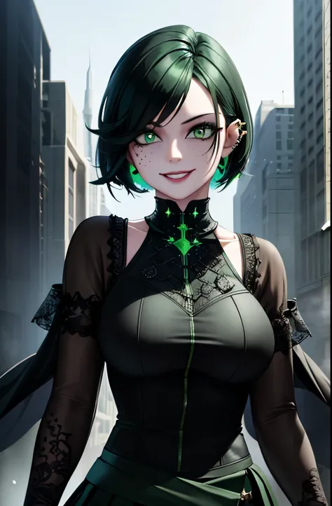 A beautiful girl with short green hair, dark clothes, a wide skirt, electronic style, piercing, eyeliner, smiling, detailed facial features, green eyes, detailed hair, masterpiece, photorealistic, hyperdetailed, cinematic lighting, octane render, sharp foc...