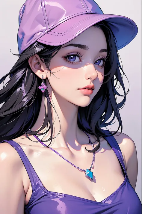 close up illustration portrait of a woman wearing a baseball hat, wearing a purple tank top with a stunning necklace, looking up...