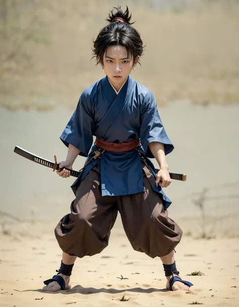 "Kenjiro, a determined young samurai boy, stands in a ready stance, holding his katana with both hands in front of him. His feet are firmly planted on the ground, with legs slightly apart. He wears traditional blue samurai attire with a brown sash and loos...