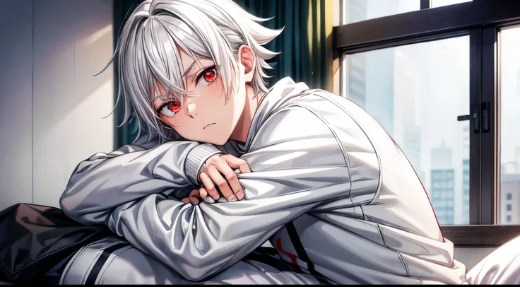 MASCULINE, Young, vtuber style, Boruto-like white hair, all white sweatshirt, gray pants, vibrant dark red eyes, solo, sad, very tired