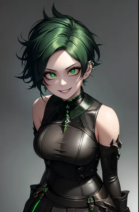 A beautiful girl with short green hair, dark clothes, a wide skirt, electronic style, piercing, eyeliner, smiling, detailed facial features, green eyes, detailed hair, masterpiece, photorealistic, hyperdetailed, cinematic lighting, octane render, sharp foc...