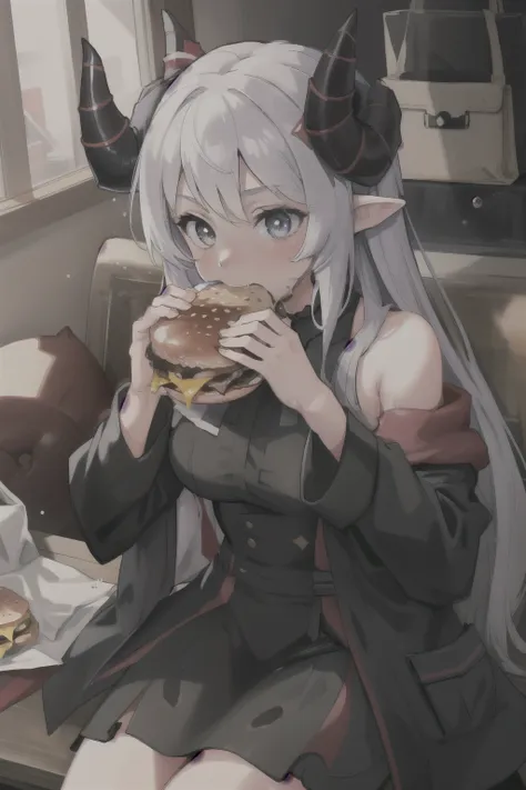 (masterpiece, best quality),  intricate details, 8k, artstation, wallpaper, official art, splash art, sharp focus,
1girl,   la+ darkness, black coat, black dress, white sleeves, sleeves past finger, sleeves past wrists, horns,
 two-handed burger, hamburger...