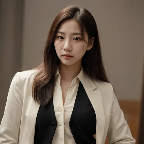 Korean model with a poised demeanor, gazing intently towards the viewer. She wears a black waistcoat with ivory blazer, and her long hair behind the ear. The background is a white, putting emphasis on the subject.