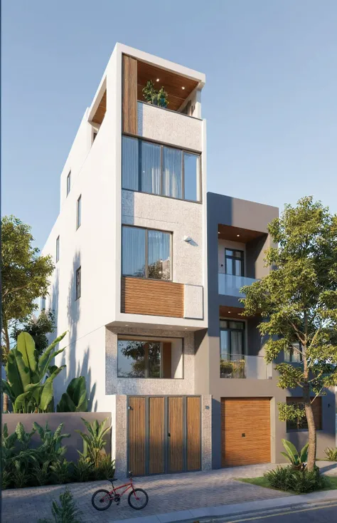 townhouse, Led light, spotlight out door, (modern style:1.2), (Open roof to see the sky), exterior design, perspective view, (open roof), Pavement, alphalt streets road, (next door neighbors house), (dawn light sky background), Low trees around the house, ...