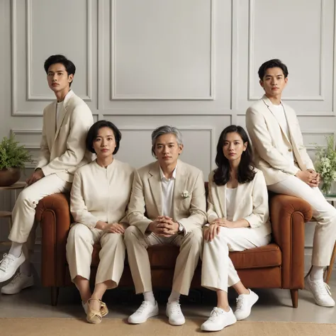 Studio Photography, 5 people, close up, Indonesian, father and mather (short hair) aged 50 sits on the brown sofa, a 21 y-o girl and two  man aged 23 and 17 standing behind, all wearing coordinate cream suit and white casual clothing, and white and brown c...