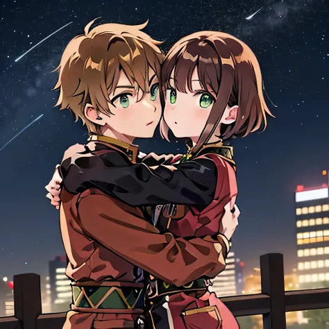 a girl with green eyes, short brown hair , red blouse with long sleeves, googles her hair, affectionately hugging a boy with sho...