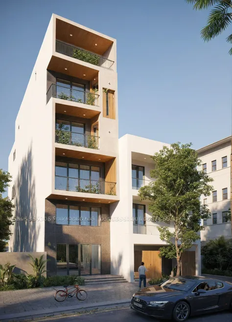 townhouse, Led light, spotlight out door, (modern style:1.2), (Open roof to see the sky), exterior design, perspective view, (open roof), Pavement, alphalt streets road, (next door neighbors house), (dawn light sky background), Low trees around the house, ...