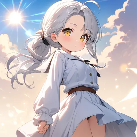 Magic with the sun as a background, Best Quality, Highest quality, masterpiece, The magic of the sun, One Girl, solo, Long Hair, Shiny silver hair, Hair tied back, Ahoge, Large Breasts, Yellow Eyes, beautiful girl, child, （Alchemist-style girl）, Long sleev...