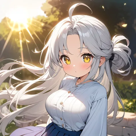 Magic with the sun as a background, Best Quality, Highest quality, masterpiece, The magic of the sun, One Girl, solo, Long Hair, Shiny silver hair, Hair tied back, Ahoge, Large Breasts, Yellow Eyes, beautiful girl, child, （Alchemist-style girl）, Long sleev...