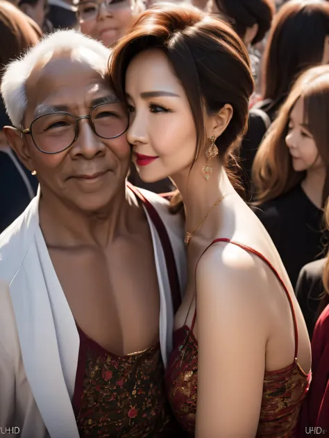 A beautiful woman wearing a revealing dress, kissing her elderly husband in the crowded crowd, UHD, masterpiece, textured skin, super detail, best quality, 8k.