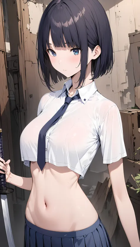 ((masterpiece,Best Quality:1.3,best quality illustrations)),cowboy shot,portrait,1woman,young adult,(dark blue hair,short bob cut hair),bangs,(very small head),dark blue eyes,(gorgeous eyes),long body,large breasts,(collared white shirt,Short sleeve、navel、...