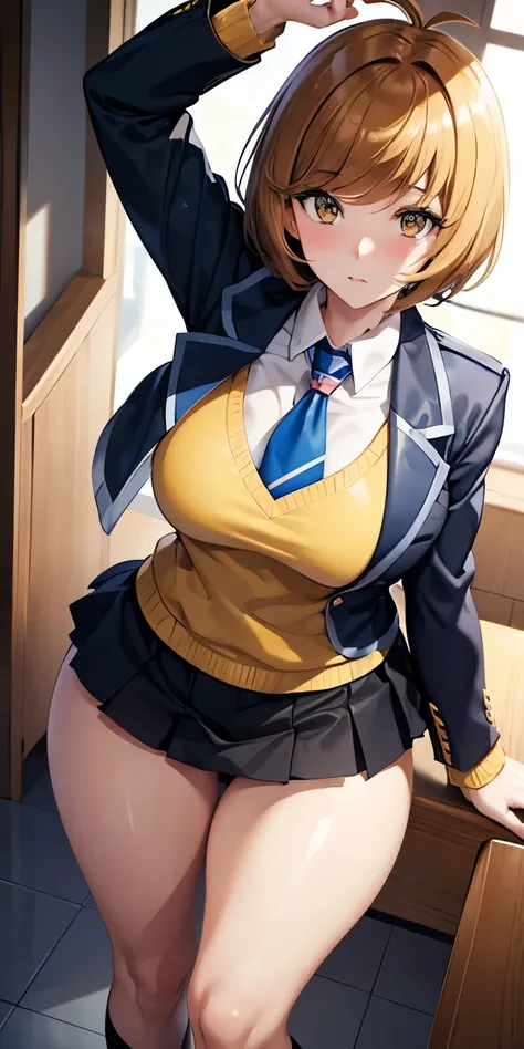 1 Female,High definition,high resolution,Ultra-realistic,8K,hmza, short hair, antenna hair, brown eyes, school uniform,( blue necktie), (yellow shirt),(black jacket), long sleeves, black skirt,tight skirt , miniskirt,European,sexy,Upper body close-up,Photo...