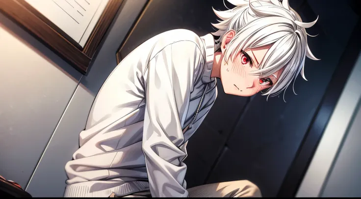 MASCULINE, Young, vtuber style, Boruto-like white hair, all white sweatshirt, gray pants, vibrant dark red eyes, solo, embarrassed, blush, shy