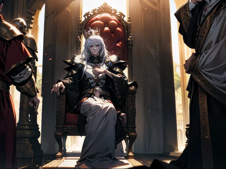 white hair, The purple-eyed king sits on a majestic throne in an abandoned palace with a crown on his head.. The environment around him was dark and gloomy., There is a knight in black at the back.. The throne is luxurious., With details of gold and precio...