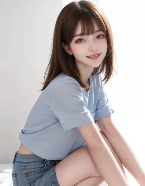 ((lower body)), ((from front, full body, look at viewer)), ((happy smile), (best quality extremely detailed), 1girl, (White short-sleeved shirt,　Denim shorts)), BREAK, (blunt bangs, blond hair, long hair,) BREAK, light brown eyes, BREAK, Long eyelashes, (S...