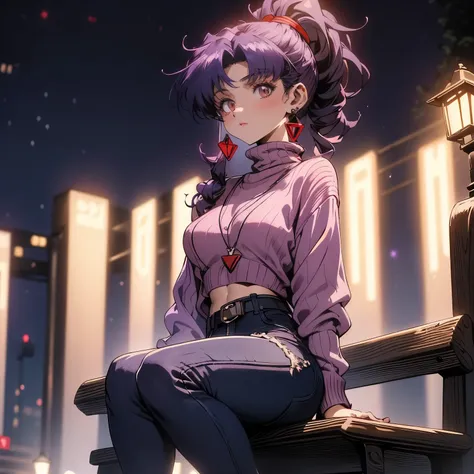 4k, HDR, full HD, Masterpiece, 1girl, (purple hair), perfect anatomy, full body, She wears a long sweater dressed in blue and pink, short jeans, triangle earrings, red lips, hair in a ponytail, She is sitting on a bench in a park, illuminated by a street l...