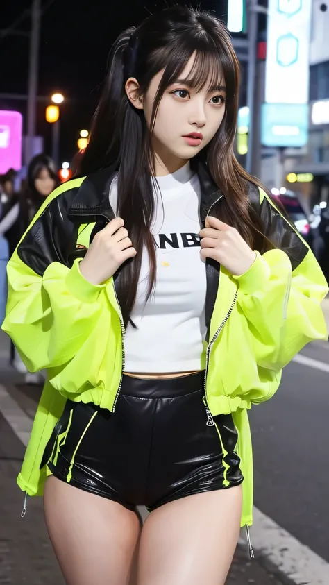 Gorgeous Idol、whole body、Good style、、、、Fluorescent yellow tight shorts、、Black long jacket