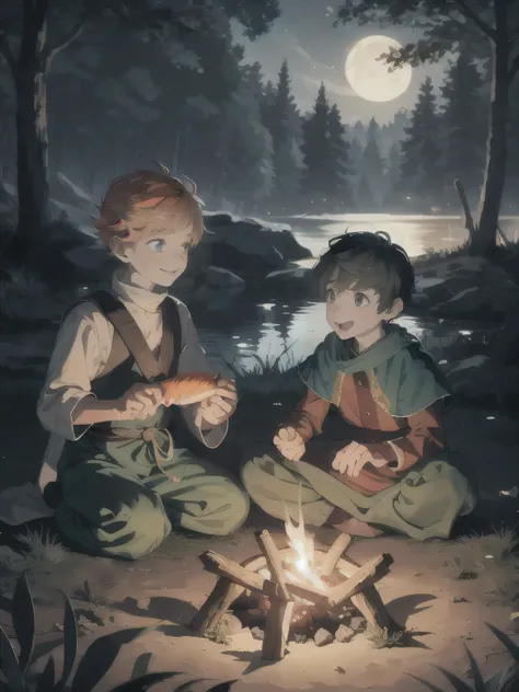 A distant nighttime view from the woods of two boys laughing and talking while eating fish by a glowing campfire near a lake. The first boy has short black hair, blue eyes, and white medieval clothes, while the second has short orange hair, green eyes, and...