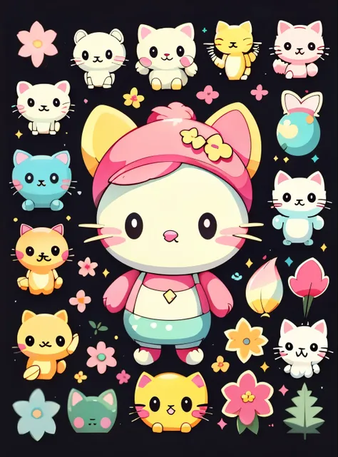 Hello Kitty exploring a magical forest, vibrant colors, whimsical style.., 1 sticker, handbook, black background, simple background, minimal, makeup elements, flowers, cap, cute, tiny, pastel color, vector style, no gradient，smiling,