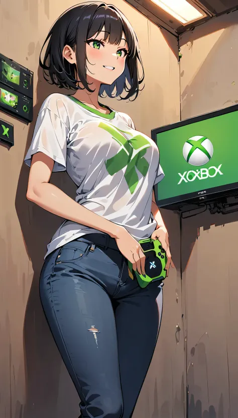 a beautiful woman, short hair ,green Xbox written shirt  , jeans ,Sensual , Xbox video game on the wall ,neon ,