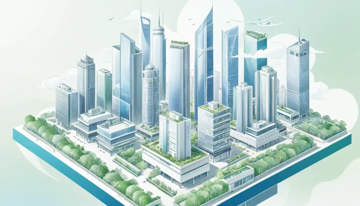 Aerial view of the building,Modern high-rise buildings,Mainly line illustrations,Simplicity,Overlooking,The main color is blue、green、grey、White