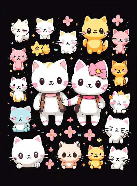 Original Hello Kitty and Dear Daniel, hand-in-hand, walking down a cobblestone street in a European town, 1 sticker, handbook, black background, simple background, minimal, makeup elements, flowers, cap, cute, tiny, pastel color, vector style, no gradient，...