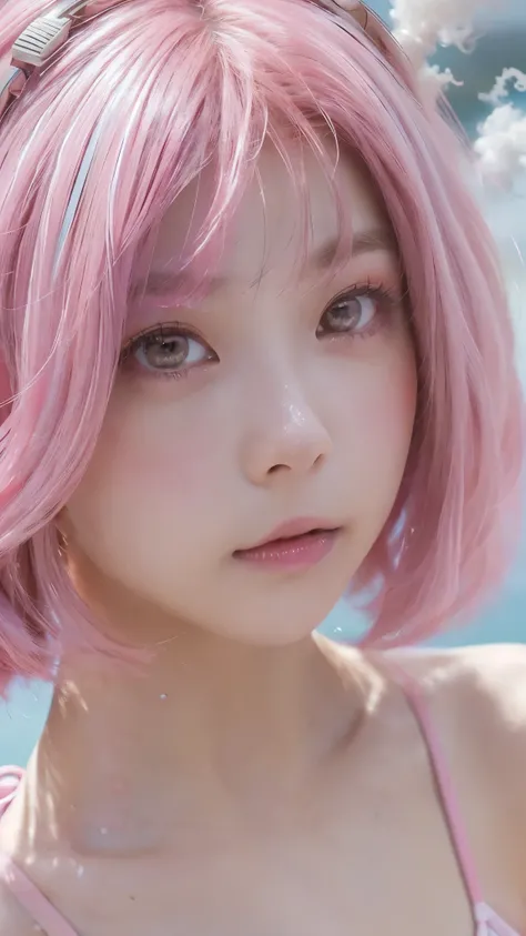 (1 girl),(Best image quality, 8k, masterpiece:1.3), (high school student:1.5), ((Close-up of face:1.3))、((Beautiful Makeup:1.2))、Looking at the camera、((Pink dyed hair:1.4)), (Bobcut),(Swept-apart bangs), (Cute eyes, Black pupil, Iris Sky Blue, like々Funny ...