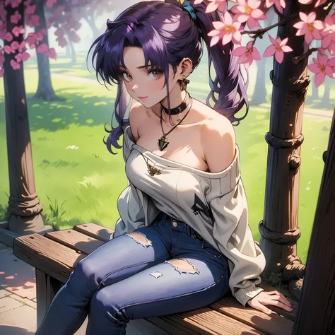 4k, hdr, full hd, masterpiece, 1 girl, (purple hair), perfect anatomy, full body, off shoulder sweater, the sweater is royal blu...