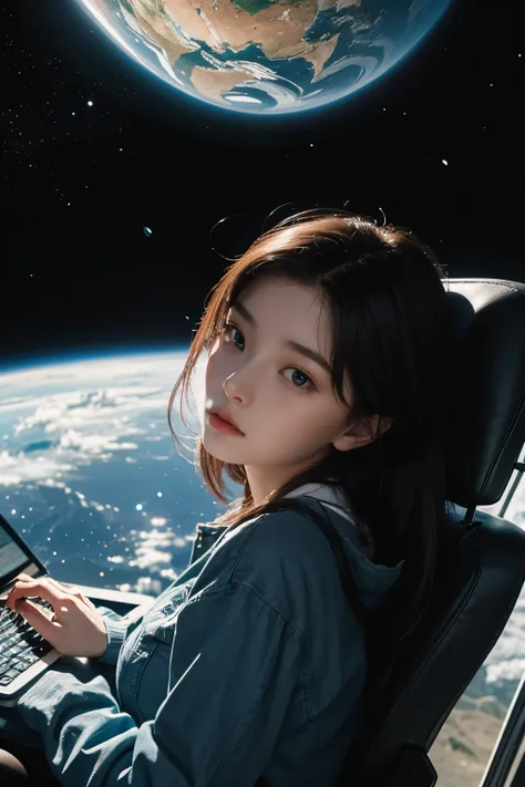 A beautiful woman. Twenty years old. She is looking at the camera with a serious expression.She is staring at the laptop screen with a serious expression. Behind her is an image of outer space and the Earth floating there.