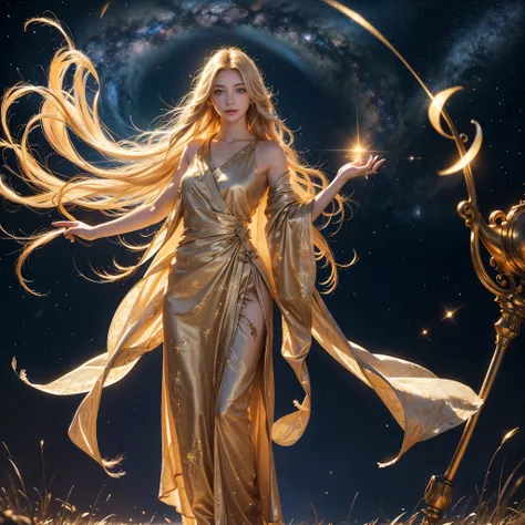 Deity, age 34, beautiful glowing eyes, flowing blonde hair, looking at the camera, Devine glow, Invisible Beauty, light Rays, Giving Warmth to Everyone, Extraordinary Beauty, Colors are very clear, Bright Personality, Arms straight, heavens, wind, patterns...