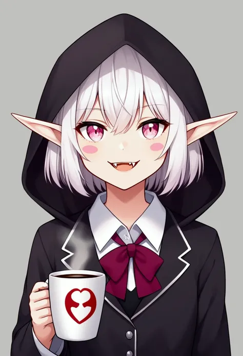 Profile view, masterpiece, best quality, 1girl, solo, elf ears, white hair, bow, teeth, jacket, pink eyes, upper body, school uniform, hood, black shirt, black jacket, long sleeves, elf girl, bangs, fangs, collared shirt, short hair, hoodie, sharp teeth, s...