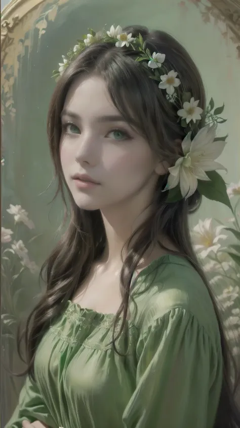 painting of a woman in a green dress with a flower in her hair, beautiful character painting, beautiful maiden, beautiful fantas...