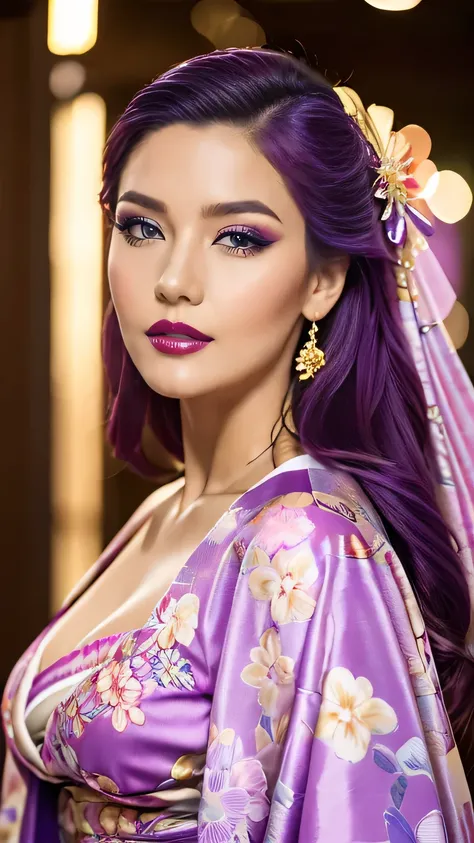 Realistic, Highest quality, 8k, woman, 20-year-old, Sakura pattern kimono, Large Bust, Long Hair, Ultra-detailed skin textures, Soft Lighting, Fairy, Bokeh, purple Lipstick, Sensual Lipstick, Sensational Make up 