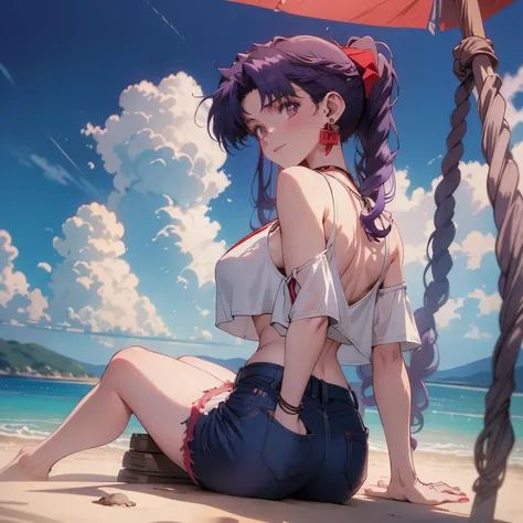 4k, HDR, full HD, masterpiece, 1 girl, (purple hair), perfect anatomy, full body, open white shirt falling down the back revealing the shoulders, underneath a red crop top worn in the middle, denim shorts worn out, triangle earrings, red lips, hair in a po...