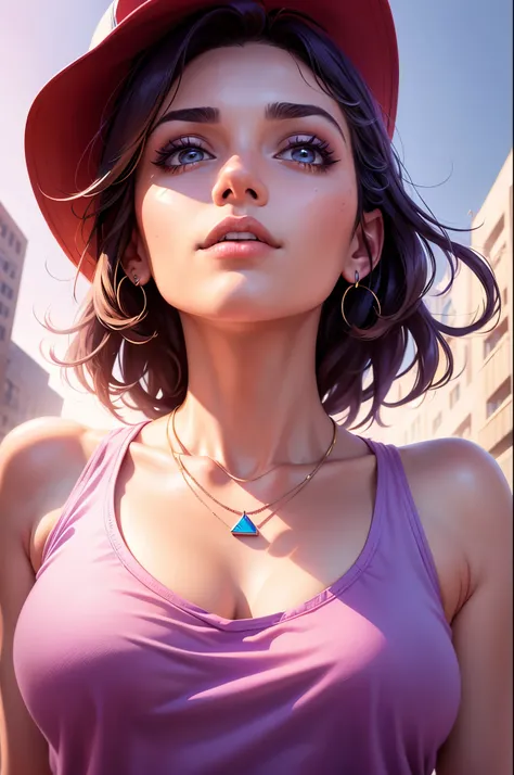 Close up Illustration portrait of a woman wearing a baseball hat, wearing a purple tank top with a stunning necklace, ((perspective view from below: 1.3)), ((she’s looking up and to the side)), ((clean background single color)), she’s thinking intently, da...