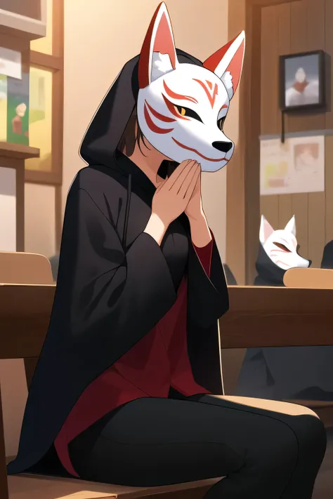 (girl_with_flat_chest_wearing_Japanesefox_mask_on_girl_face_black_hood_ears_on_ahead_reviewer_black_cloak_tight_black_red_shirt_shirt_es_black_pant_sitting_head_down_looking_reviewer_in_praying) (3_big_wooden_cross_standing_side_by_side_together_in_forward...