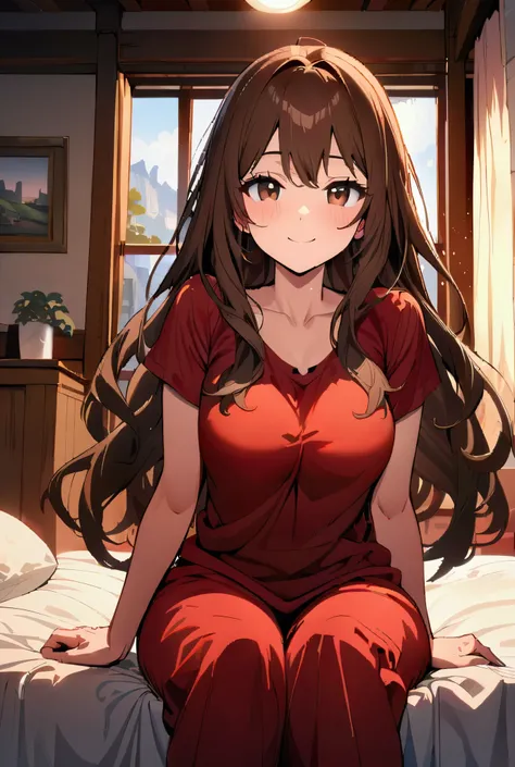 masterpiece, ultra detailed, best quality, illustrations, detailed Beautiful anime girl, detailed bedroom scenery, sitting on bed, detailed brown hair, long hair, detailed beautiful face, detailed brown eyes, detailed sweet look, detailed sweet smile, deta...