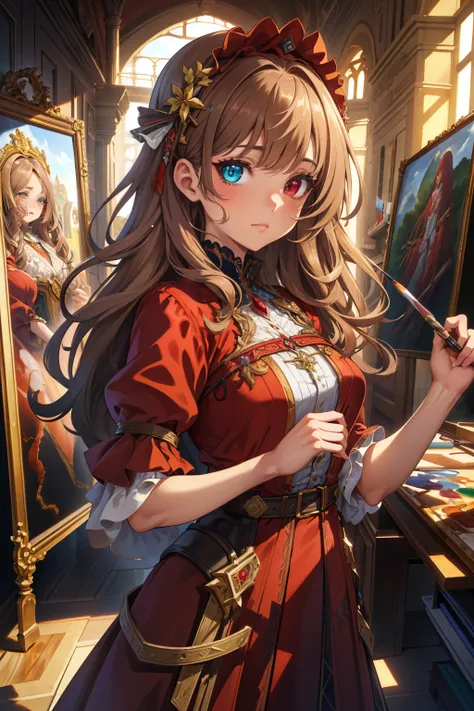 (extremely detailed CG unity 4k wallpaper),(masterpiece),(best quality),(ultra-detailed),(best illustration),(best shadow),(absurdres), Woman, Light brown hair, Straight hair, Heterochromia, renaissance red dress, Italy, Painter, painting, art studio, art ...