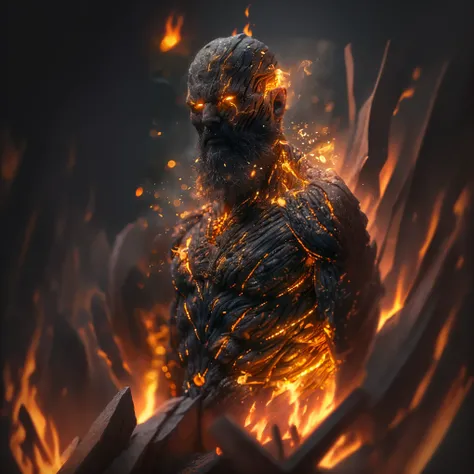 a man with a beard and a beardless face is standing in front of a fire, amazing octane render, fire giant, highly detailed vfx portrait, wojtek fus, fantasy character octane render, fire elemental, unreal engine 5 digital art, great digital art with detail...