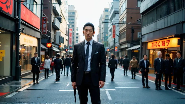 5 people standing in the street, Yakuza, the background holding gun