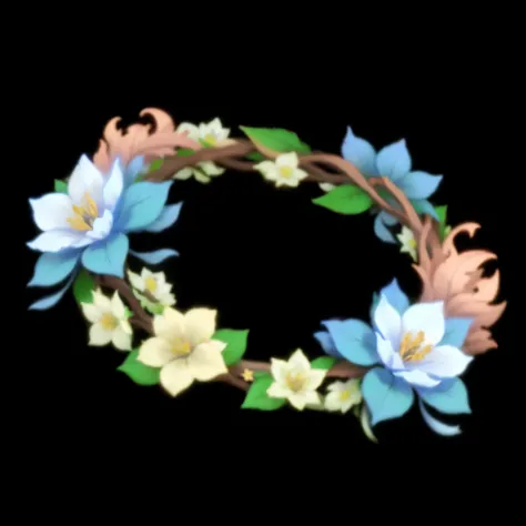 Close up of a wreath with leaves and flowers, , blue flowers, corolla, corolla, Stylized border, Clematis Design,  League of Legends Inventory Items， Stylized game icons， League of Legends style，