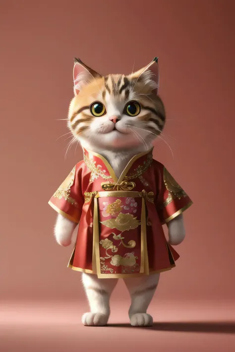 high quality、4k、a kitten wearing a colorful chinese dress costume、standing、smiling