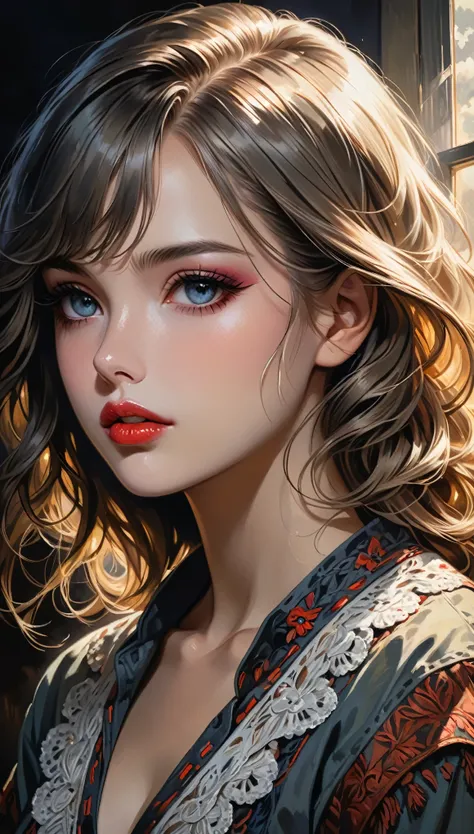 A girl in a cowboy style outfit, detailed eyes, detailed lips, extremely detailed face, long eyelashes, ultra-detailed, 8k, highres, masterpiece, realistic, photorealistic, vivid colors, studio lighting, oil painting, impressionist, expressive brushstrokes...