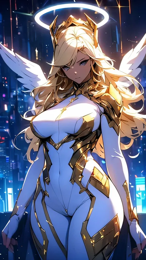 (Blonde long hair angel)、(Huge breasts)、(Metallic tight white high leg、Archangel)、(Completely naked、Revealing outfit)、(Wide Hips、Thick thighs、Camel toe、(NSFW))、(Cyberpunk Suit、Absolute territory)、(Glowing angel halo、Glowing angel wings)、(Cyberpunk space at...