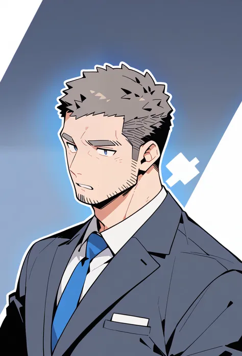 anime characters：Priapus, Muscle office worer, Buzz Cut, Manliness, male focus, Light Grey Office workers suit, Tie, full and perky chest muscles, muscular male, muscular, Upper body, alone, Black short hair, Thick eyebrows, stubble,
White background, simp...